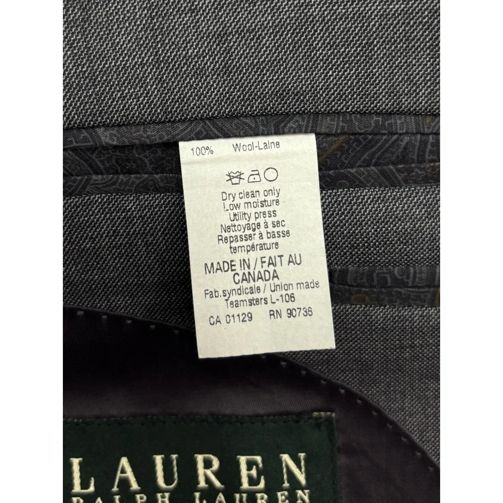 Ralph Lauren 44L 36x34 Gray Sharkskin 2pc Pant Suit Flat Front 100% Wool Mens